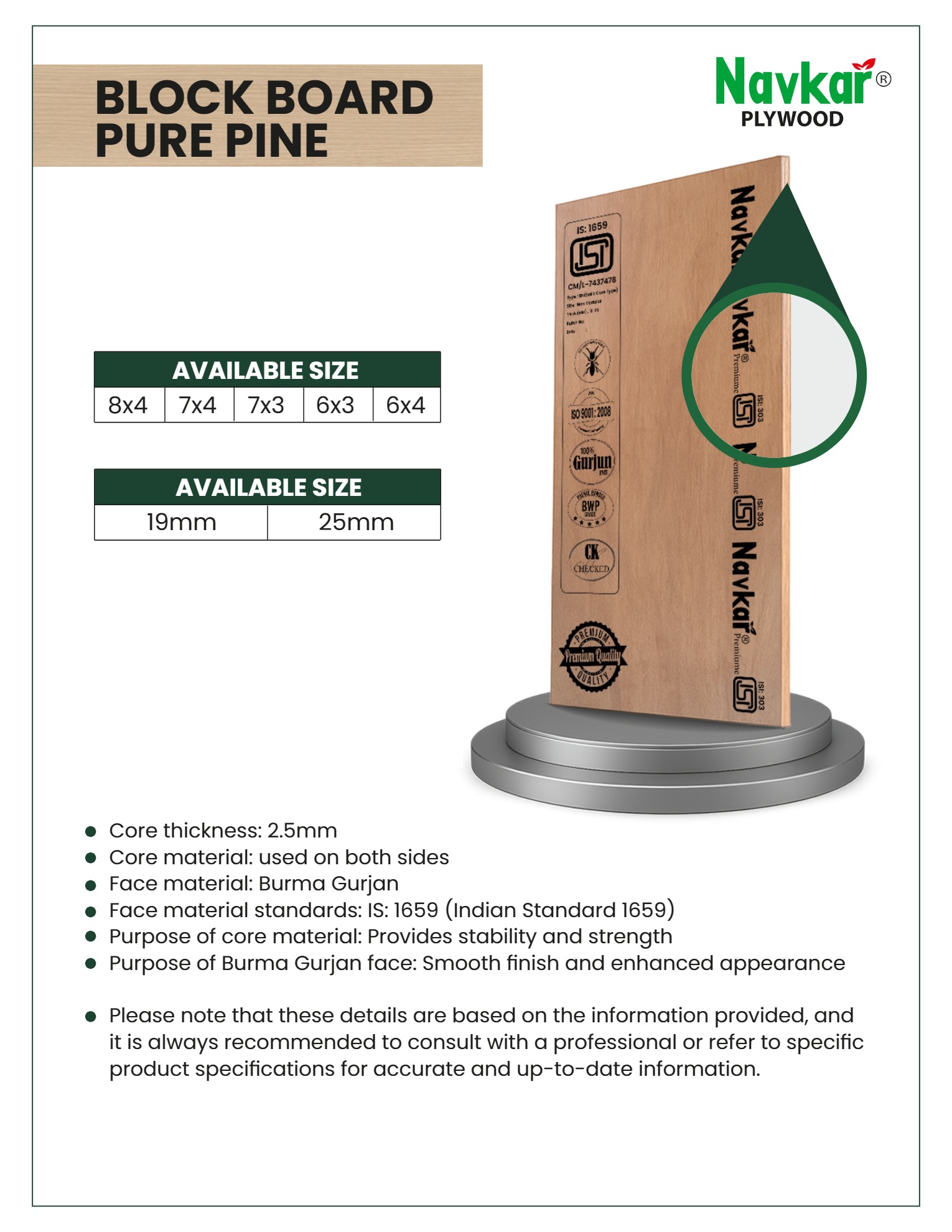 NAVKAR PREMIUM BLOCKBOARD ( PURE PINE ) 19MM